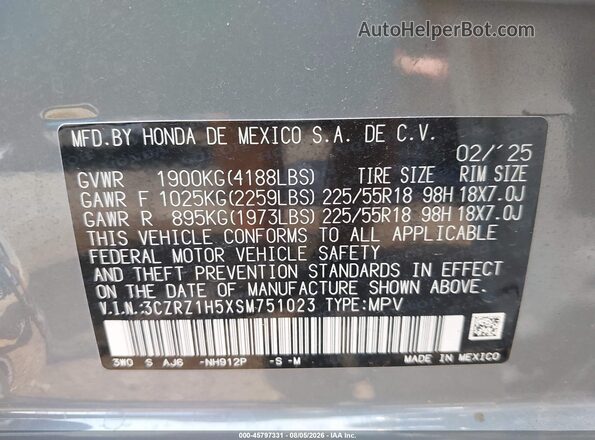 3CZRZ1H5XSM751023 2025 HONDA HR-V Gray ძრავის განყოფილების ხედი