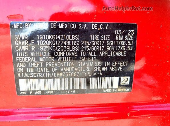 3CZRZ1H70PM737687 2023 HONDA HR-V Red Widok naklejki z numerem VIN