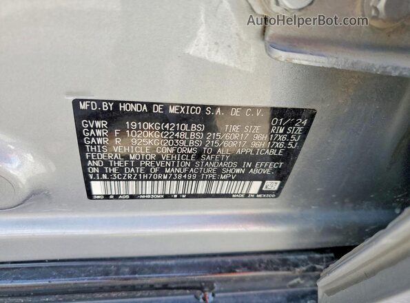 3CZRZ1H70RM738499 2024 HONDA HR-V Silver VIN კოდის სტიკერის ხედი