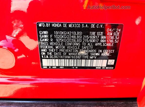 3CZRZ1H70RM760342 2024 HONDA HR-V Red Շարժիչի բաժամունքի տեսք