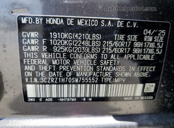 3CZRZ1H70SM755552 2025 HONDA HR-V Gray Вид наклейки з VIN-кодом