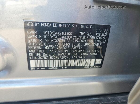 3CZRZ1H72PM720275 2023 HONDA HR-V Silver VIN კოდის სტიკერის ხედი