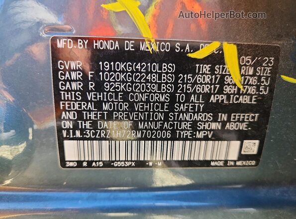 3CZRZ1H72RM702006 2024 HONDA HR-V Серый Панорамный вид салона 360°