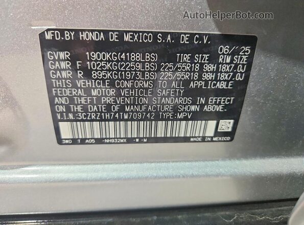 3CZRZ1H74TM709742 2026 HONDA HR-V Silver VIN կոդի պիտակի տեսք
