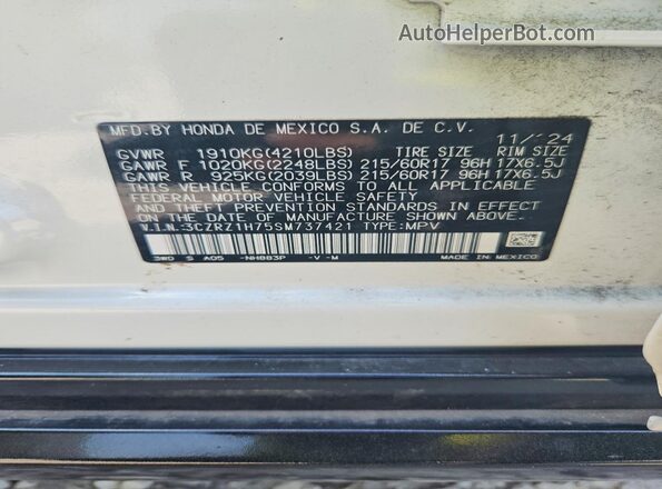 3CZRZ1H75SM737421 2025 HONDA HR-V White Widok naklejki z numerem VIN