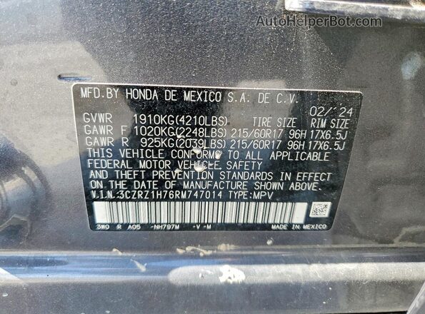 3CZRZ1H76RM747014 2024 HONDA HR-V Gray Widok komory silnika