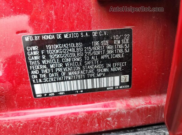3CZRZ1H77PM717971 2023 HONDA HR-V Красный Вид наклейки с VIN-кодом