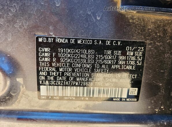 3CZRZ1H77PM729828 2023 HONDA HR-V Charcoal Вид підкапотного простору