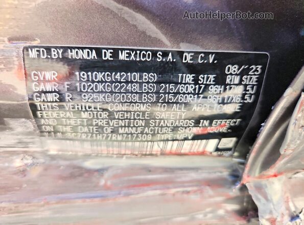 3CZRZ1H77RM717309 2024 HONDA HR-V Gray VIN կոդի պիտակի տեսք