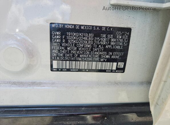3CZRZ1H77RM754294 2024 HONDA HR-V White VIN sticker view