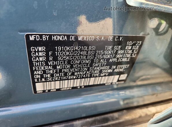 3CZRZ1H78RM727475 2024 HONDA HR-V Turquoise Вид наклейки з VIN-кодом
