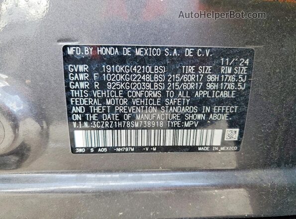 3CZRZ1H78SM738918 2025 HONDA HR-V Gray Вид наклейки з VIN-кодом