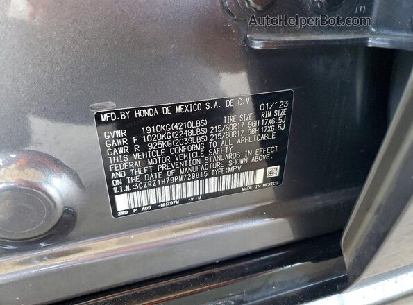 3CZRZ1H79PM729815 2023 HONDA HR-V Gray VIN კოდის სტიკერის ხედი