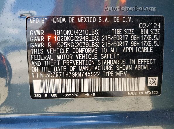 3CZRZ1H79RM745922 2024 HONDA HR-V Teal Widok naklejki z numerem VIN