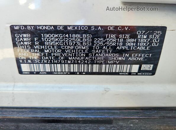 3CZRZ1H79TM714242 2026 HONDA HR-V White VIN sticker view