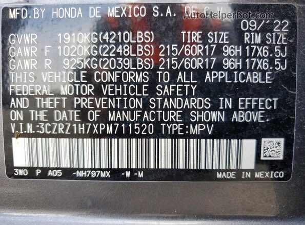 3CZRZ1H7XPM711520 2023 HONDA HR-V Gray VIN կոդի պիտակի տեսք