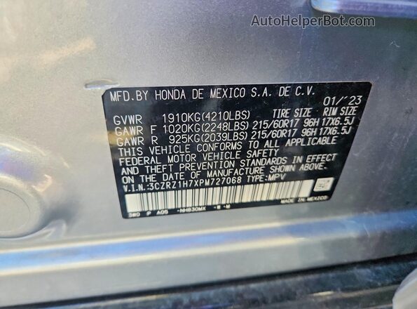 3CZRZ1H7XPM727068 2023 HONDA HR-V Silver Вид наклейки з VIN-кодом
