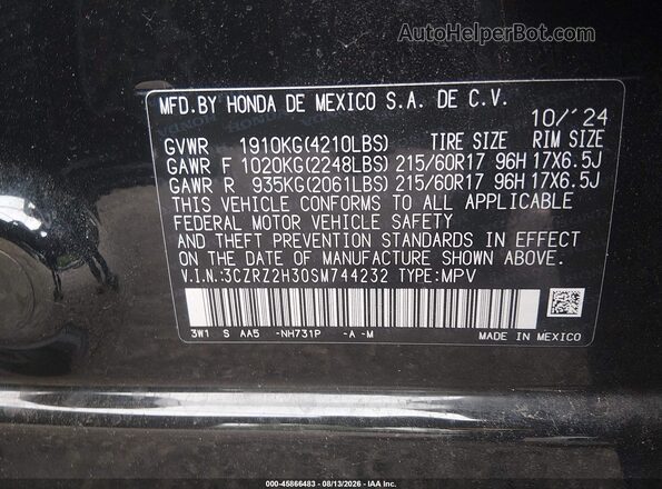 3CZRZ2H30SM744232 2025 HONDA HR-V Black Շարժիչի բաժամունքի տեսք