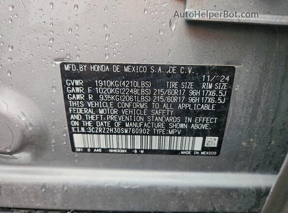 3CZRZ2H30SM760902 2025 HONDA HR-V Silver VIN sticker view