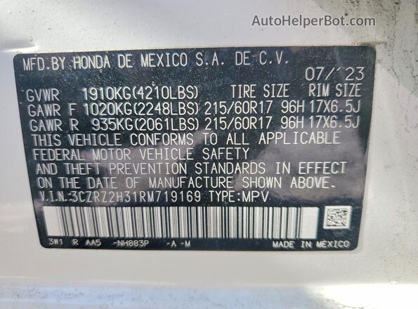 3CZRZ2H31RM719169 2024 HONDA HR-V White Widok naklejki z numerem VIN
