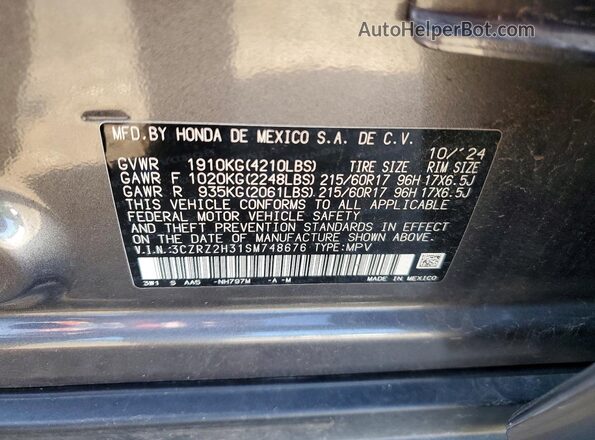 3CZRZ2H31SM748676 2025 HONDA HR-V Gray Вид наклейки з VIN-кодом