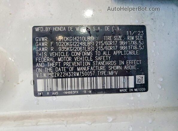 3CZRZ2H32RM750057 2024 HONDA HR-V White Панорамний вид салону 360°