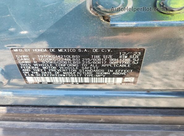 3CZRZ2H32RM755517 2024 HONDA HR-V Blue Vista de la etiqueta del VIN
