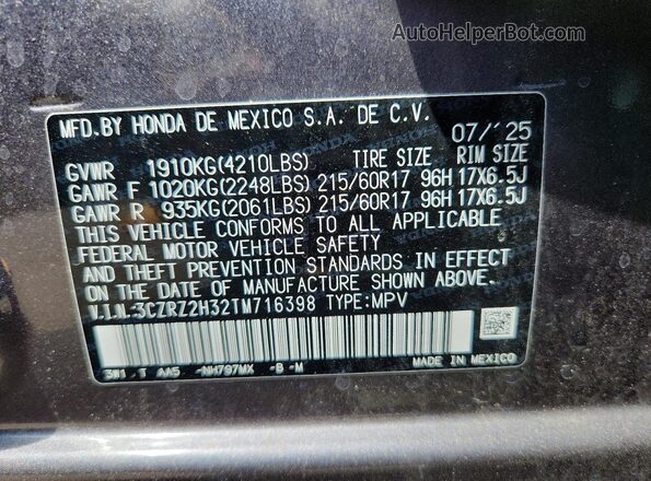 3CZRZ2H32TM716398 2026 HONDA HR-V Gray VIN კოდის სტიკერის ხედი