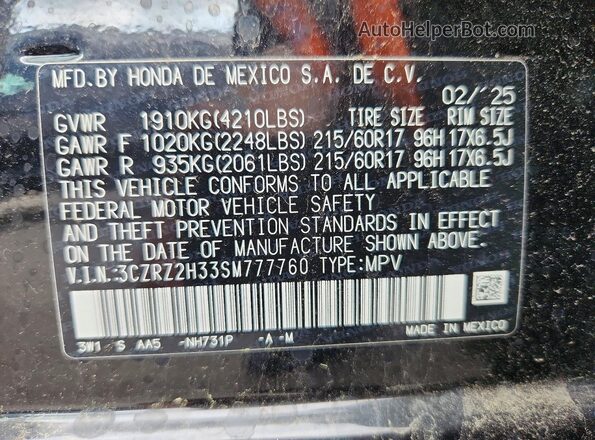 3CZRZ2H33SM777760 2025 HONDA HR-V Black Vista de la etiqueta del VIN