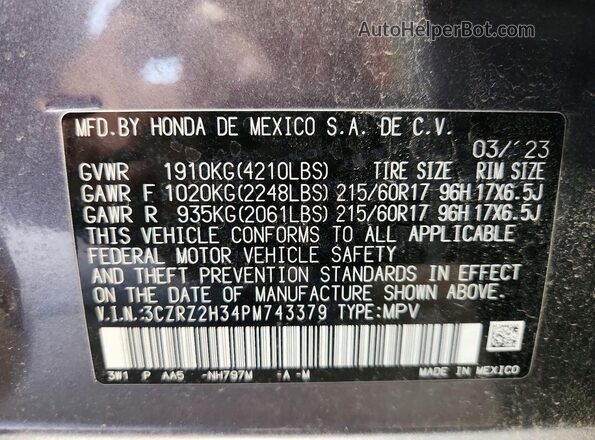 3CZRZ2H34PM743379 2023 HONDA HR-V Gray Widok naklejki z numerem VIN