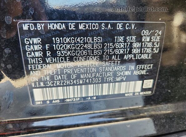 3CZRZ2H34SM741303 2025 HONDA HR-V Black VIN sticker view