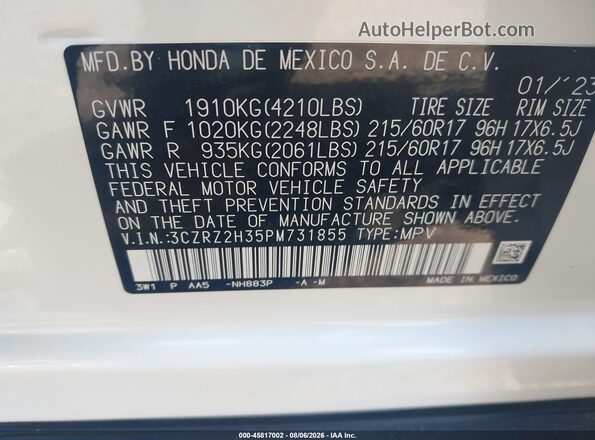 3CZRZ2H35PM731855 2023 HONDA HR-V White Շարժիչի բաժամունքի տեսք