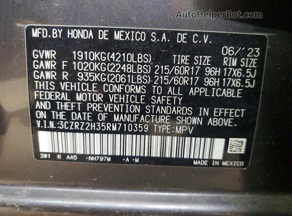 3CZRZ2H35RM710359 2024 HONDA HR-V Gray Widok naklejki z numerem VIN