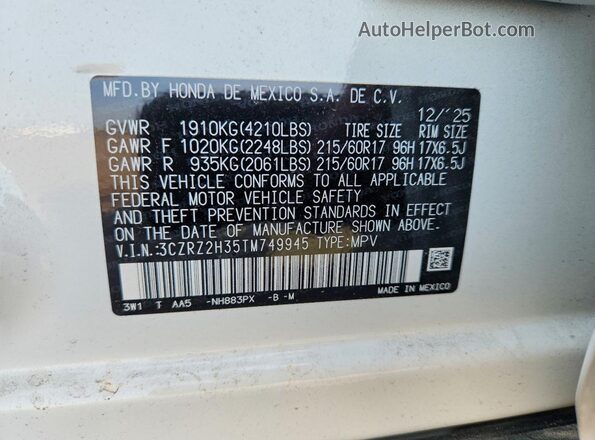 3CZRZ2H35TM749945 2026 HONDA HR-V White VIN sticker view