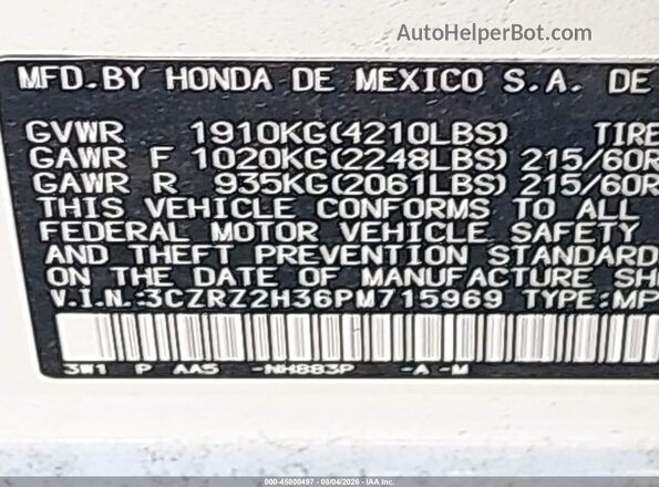 3CZRZ2H36PM715969 2023 HONDA HR-V White Widok komory silnika