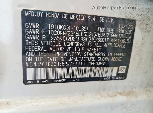 3CZRZ2H36RM741913 2024 HONDA HR-V Белый Вид наклейки с VIN-кодом