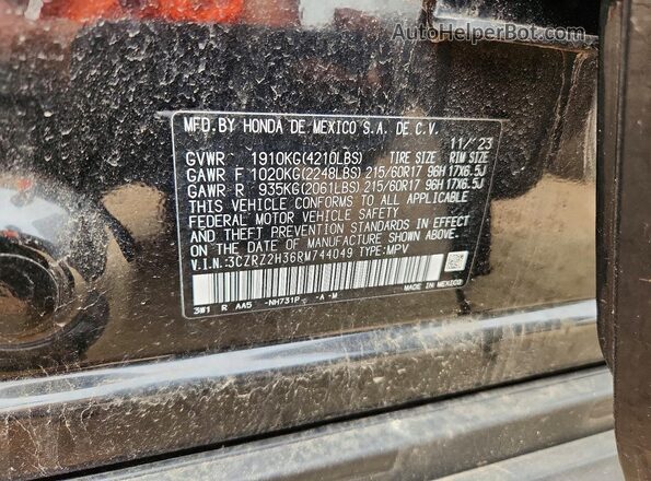 3CZRZ2H36RM744049 2024 HONDA HR-V Black VIN კოდის სტიკერის ხედი