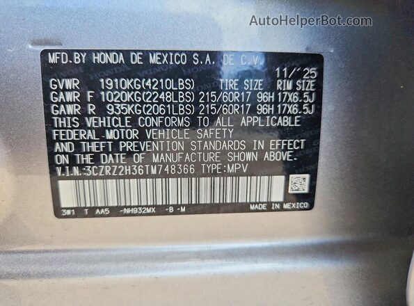 3CZRZ2H36TM748366 2026 HONDA HR-V Silver VIN կոդի պիտակի տեսք