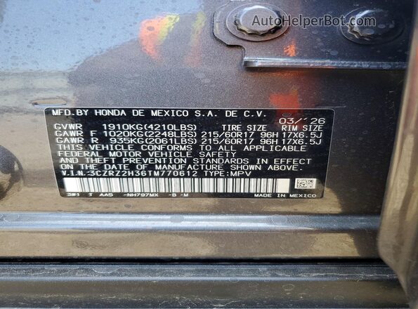 3CZRZ2H36TM770612 2026 HONDA HR-V Gray Widok naklejki z numerem VIN