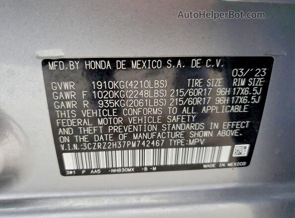3CZRZ2H37PM742467 2023 HONDA HR-V Silver Widok wnętrza 360 stopni