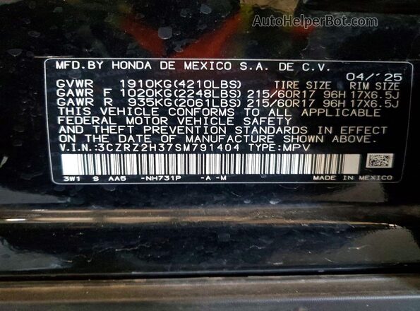 3CZRZ2H37SM791404 2025 HONDA HR-V Black Widok naklejki z numerem VIN