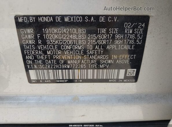 3CZRZ2H39RM772265 2024 HONDA HR-V White Engine compartment view