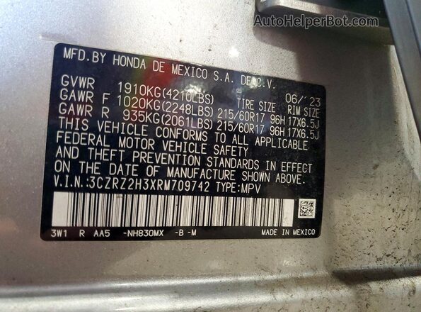 3CZRZ2H3XRM709742 2024 HONDA HR-V Silver VIN კოდის სტიკერის ხედი