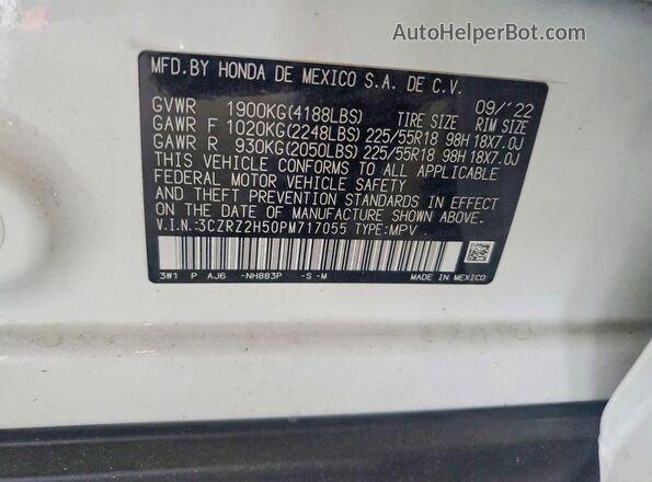 3CZRZ2H50PM717055 2023 HONDA HR-V White Вид наклейки з VIN-кодом