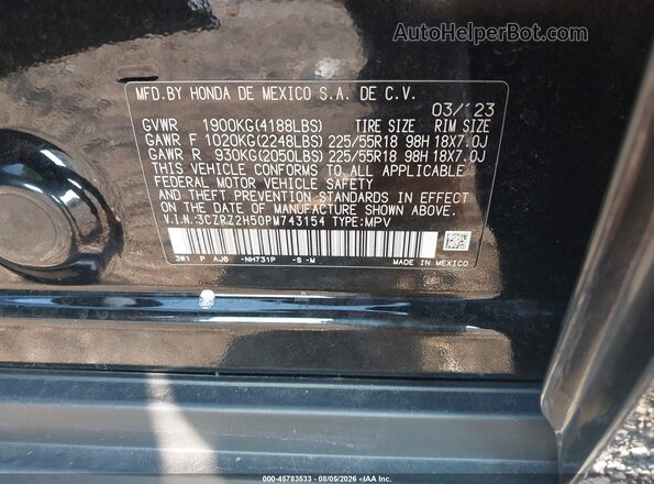 3CZRZ2H50PM743154 2023 HONDA HR-V Black Widok komory silnika