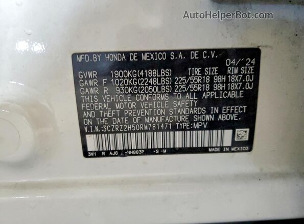 3CZRZ2H50RM781471 2024 HONDA HR-V White Widok wnętrza 360 stopni