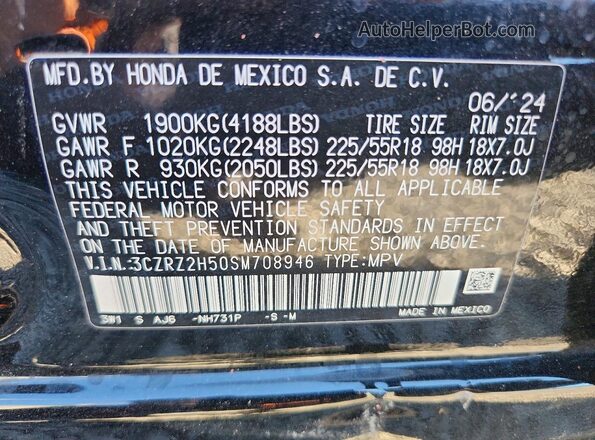 3CZRZ2H50SM708946 2025 HONDA HR-V Black VIN կոդի պիտակի տեսք