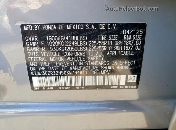 3CZRZ2H50SM794811 2025 HONDA HR-V Gray VIN կոդի պիտակի տեսք