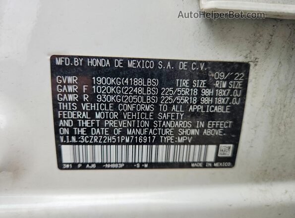 3CZRZ2H51PM716917 2023 HONDA HR-V White Widok naklejki z numerem VIN