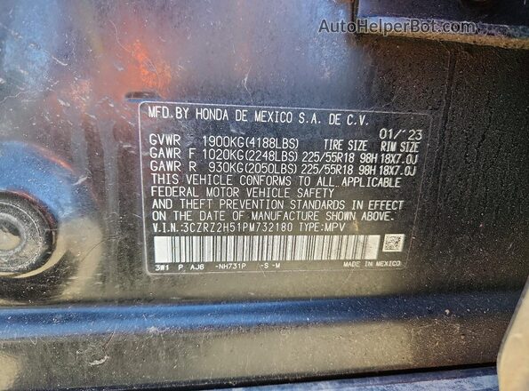 3CZRZ2H51PM732180 2023 HONDA HR-V Black Вид наклейки з VIN-кодом